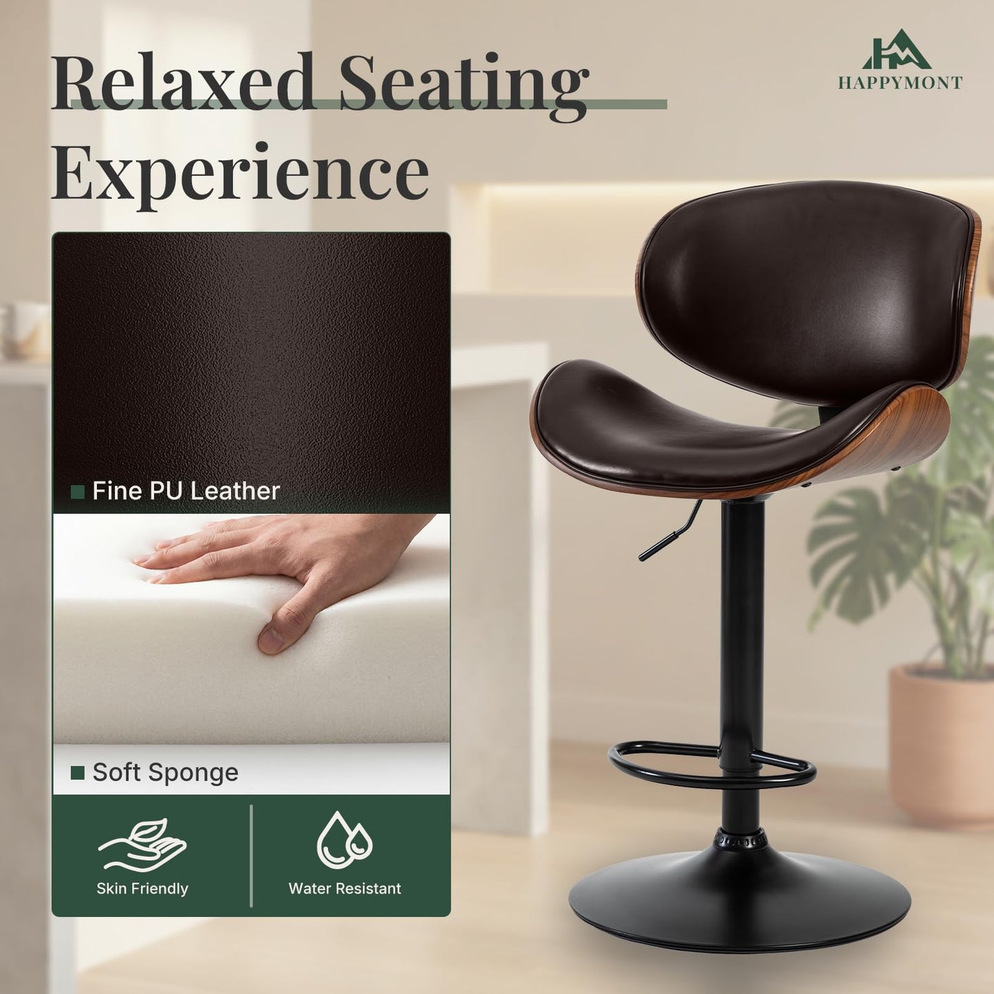 HAPPYMONT Swivel Bar Stools Set of 2, Adjustable Height 37-45 Inch Bentwood Barstools with Removable Back, PU Leather Upholstered Bar Chair for Kitchen Island Dining Room, Brown