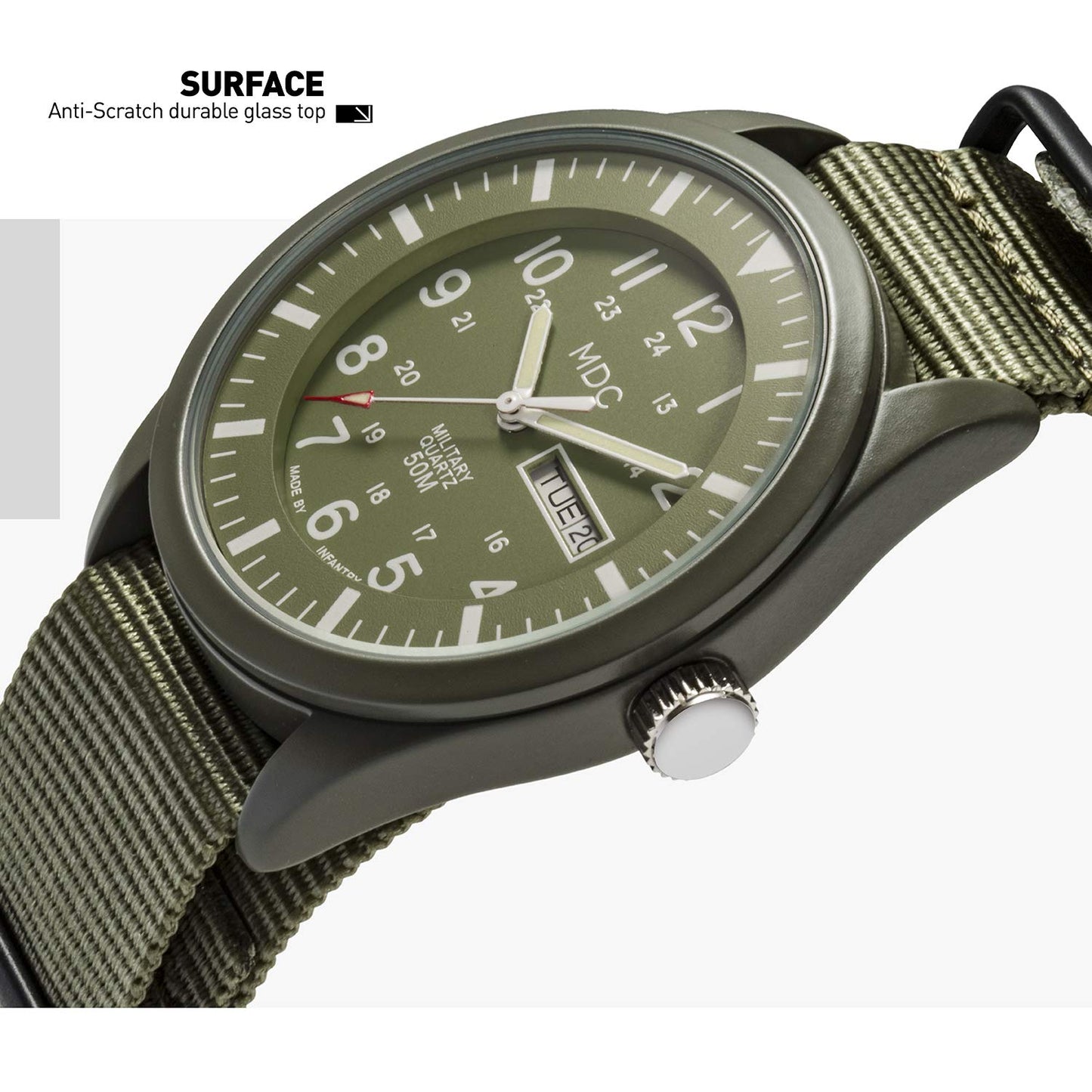 Infantry Military Watches for Men Analog Wrist Watch, Tactical Waterproof Outdoor Sport Mens Quartz Wristwatch, Date Day Work Field Army Green w/Nylon Band by MDC