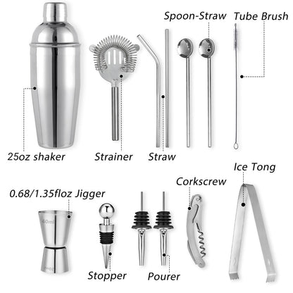 Cocktail Shaker Set Bartender Kit, Godmorn 15Pcs Bartender Shaker Set, 304 Stainless Steel Martini Shaker and Strainer, Bar Tool Set with Bamboo Stand, Recipe Book, for Home and Bar Party