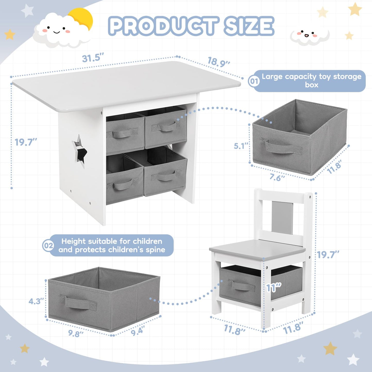 Vilaxing Kids Table and Chair Set (2 Chairs Included), Wooden Toddler Desk Group with 6 Storage Bins Boxes, Children's Furniture, Water Resistant (Gray)