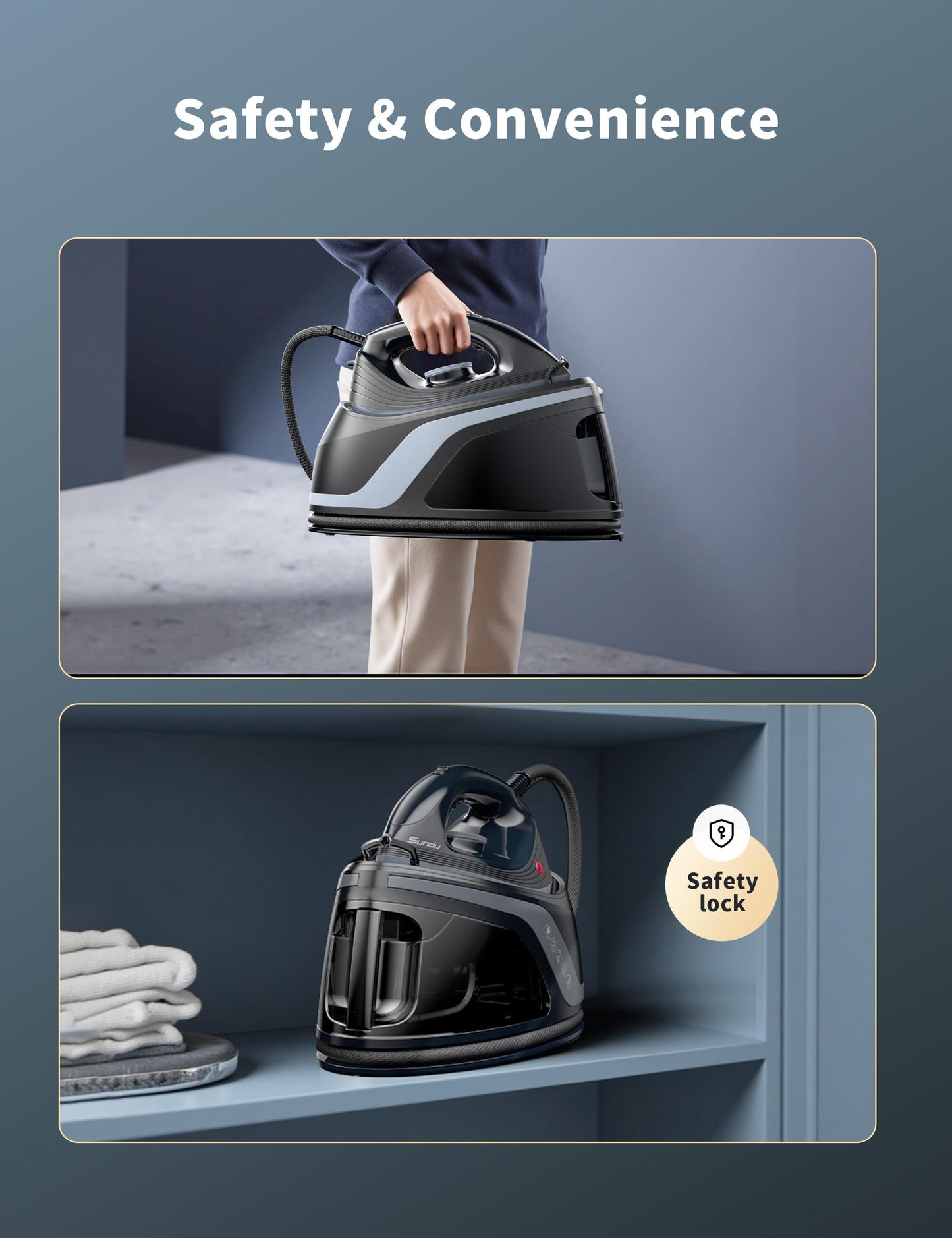 Sundu Pro Steam Station Iron for Clothes,1600W Professional Steam Iron with 44 oz Tank, 400 microsteam holes, Built-In Pump, Ceramic baseplate,Iron Lock For Easy Carry,Black