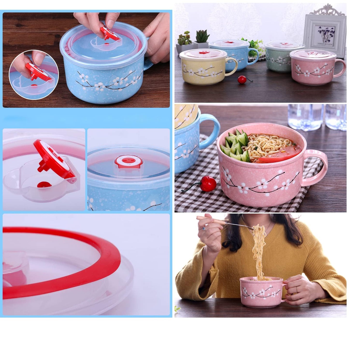 BxuxJar 4 Pack 30 oz Ceramic Bowl with Lid and Handle, Hand Painted Microwave Soup Bowl with Lid, Cute Microwave Ramen Bowls for Noodles, Porridge, Rice, Dishwasher Safe