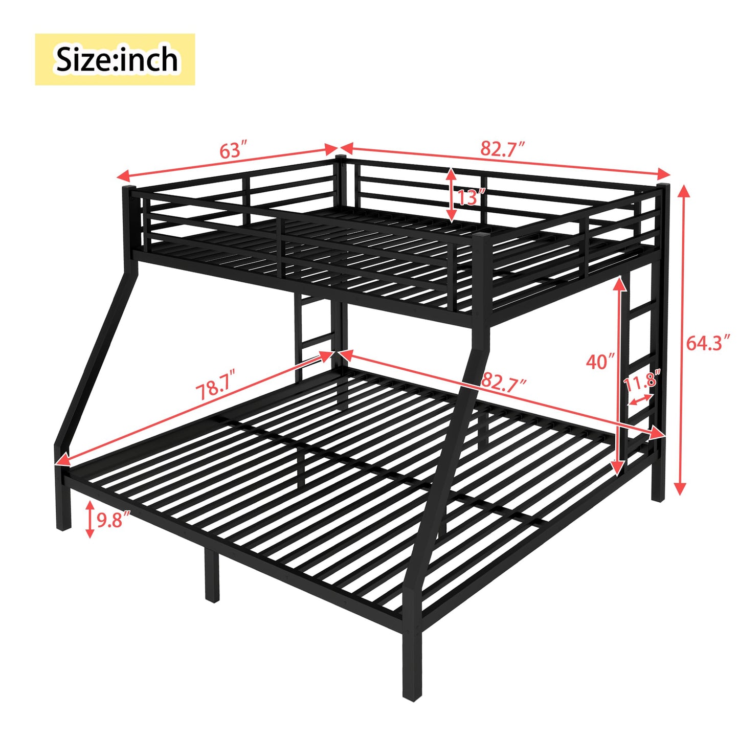 Bellemave Queen Over King Bunk Bed with 2-Side Ladders & Guardrail, Heavy Duty Metal Bunk Bed Frame with Under-Bed Storage, Queen Over King Bunk Beds for Adults, Teens, Kids, Black