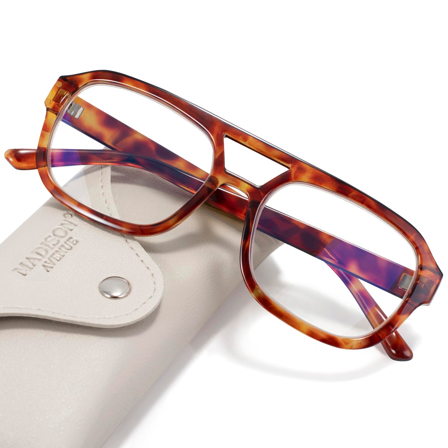 Madison Avenue Retro Aviator Blue Light Blocking Glasses for Women Men with Case, Trendy Rectangle Computer Eyeglasses Orange Demi