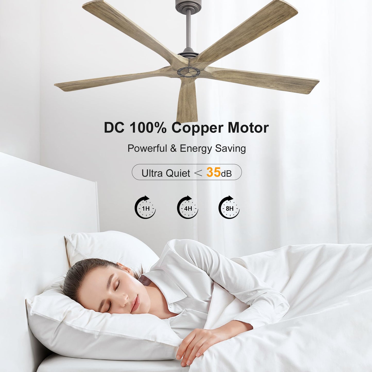 WINGBO 60 Inch Ceiling Fan without Light - 5 Carved Solid Wood Blades, 6-Speed Reversible DC Motor, Noiseless Remote Control Ceiling Fan No Light for Bedroom Living Room Kitchen, Charcoal and Gray