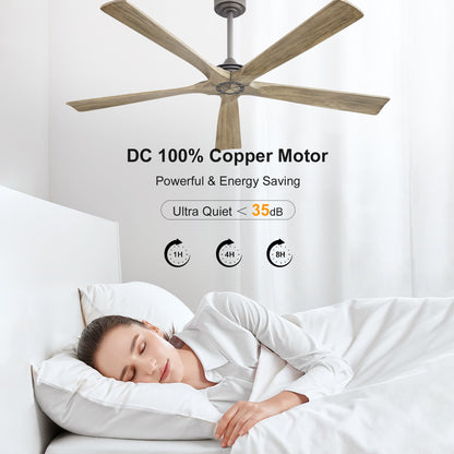 WINGBO 60 Inch Ceiling Fan without Light - 5 Carved Solid Wood Blades, 6-Speed Reversible DC Motor, Noiseless Remote Control Ceiling Fan No Light for Bedroom Living Room Kitchen, Charcoal and Gray