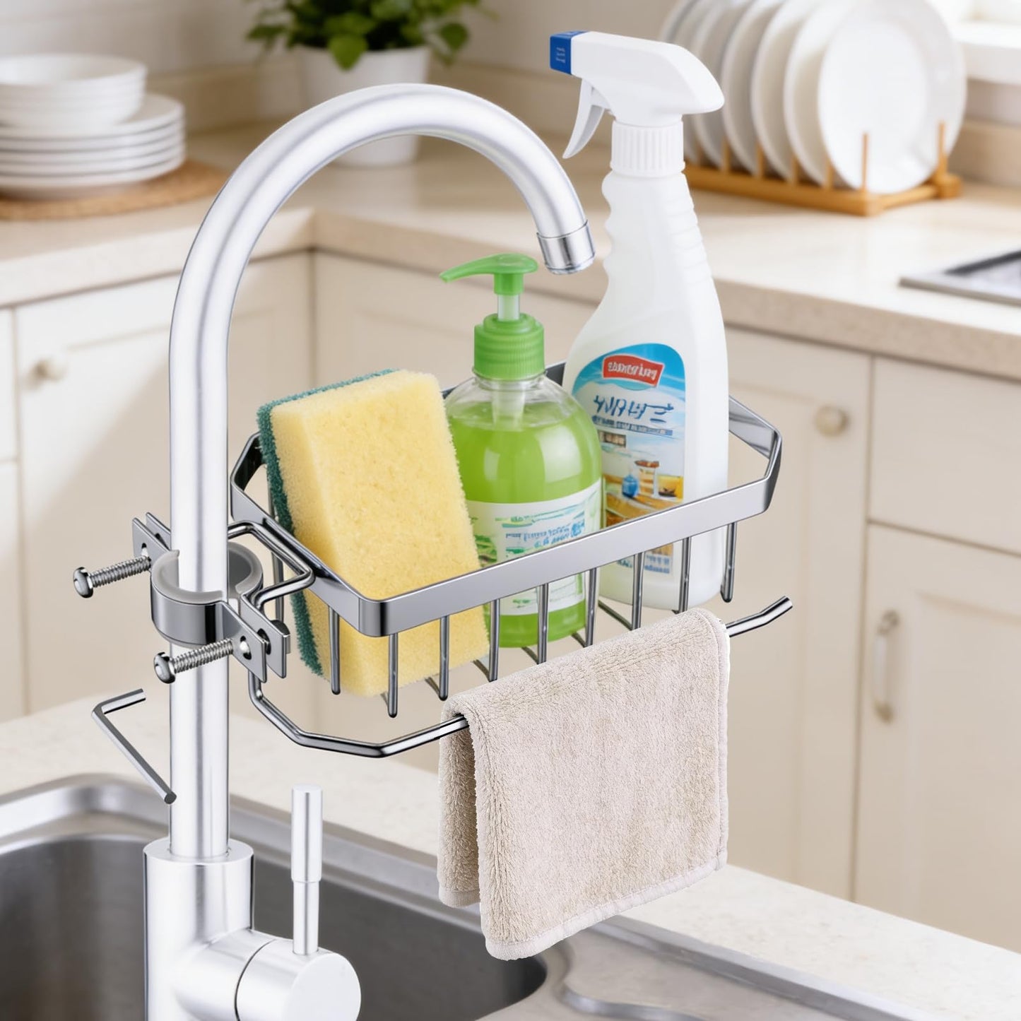 OSOVGO Sponge Holder for Kitchen Sink, Kitchen Organizer, 304 Stainless Steel Cleaning Supplies Organizer, Sink Brush Holder, Sink Organizer, Hanging Organizer (ROUND RIGHT)