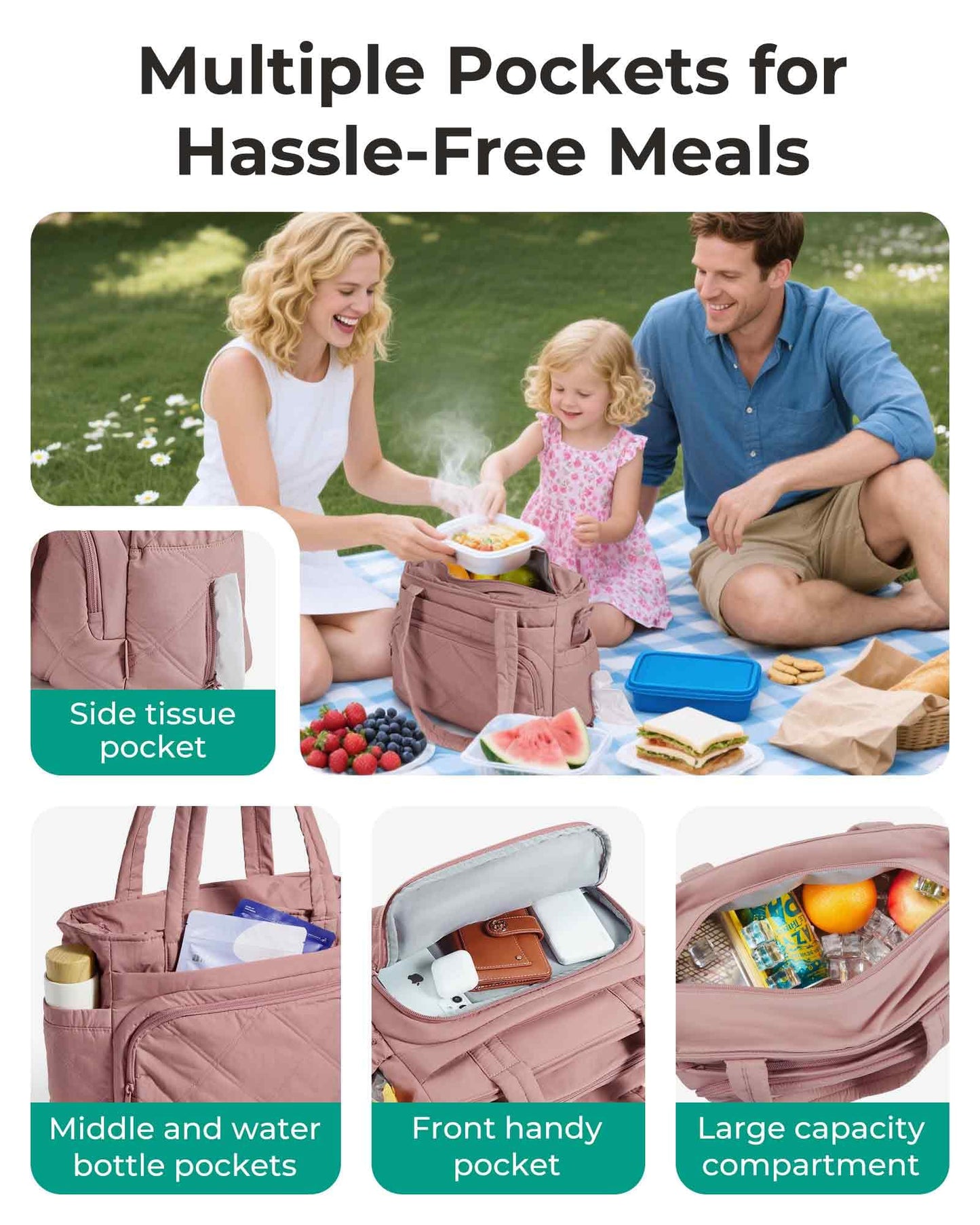 BAGSMART Lunch Bag Women Large Lunch Box Insulated Tote Bag with Multi-Pockets Quilted Puffy Tote for Work, Outdoors