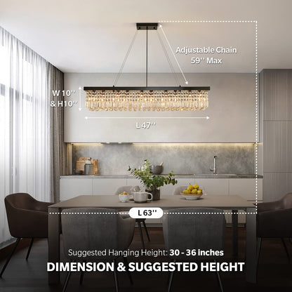 7PM Rectangle K9 Crystal Chandelier Modern Rectangular Pendant Lighting Fixture for Dining Room Kitchen Island Bedroom Black L47'' x W10'' x H10''