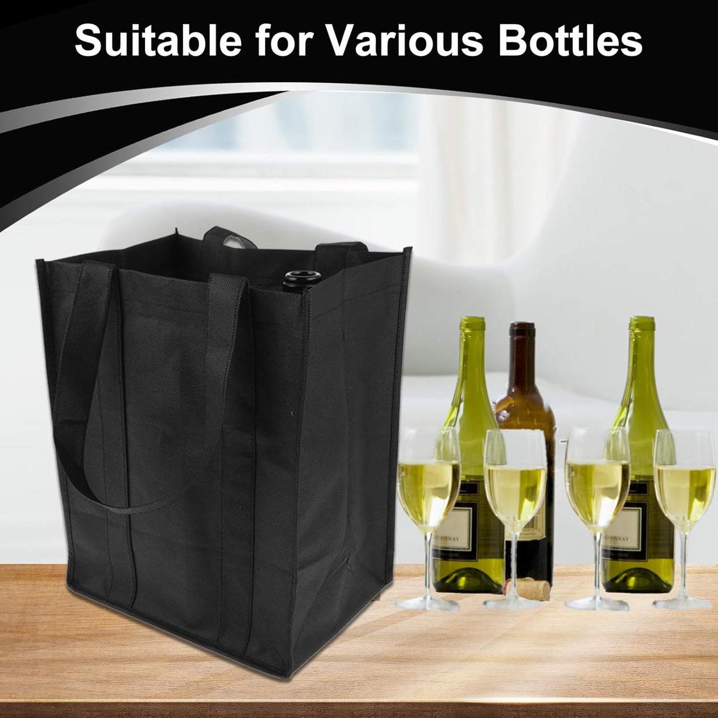 Reusable Wine Bottle Carrier Bag with 6 Compartments Dividers, Picnic Travel Shopping Fishing Party Holder