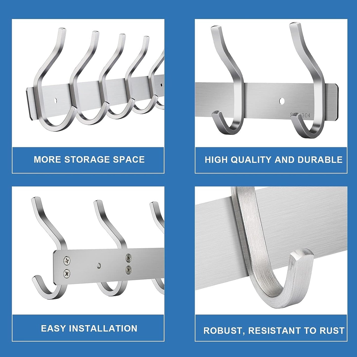 AZW Coat Rack Wall Mount,Heavy Duty Stainless Steel Metal Coat Hooks Hanging for Robes Bags Keys Hat Clothes and Bathroom Door Towels Hanger（Brushed Silver Nickel 5 Hooks