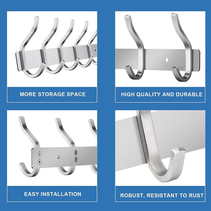 AZW Coat Rack Wall Mount,Heavy Duty Stainless Steel Metal Coat Hooks Hanging for Robes Bags Keys Hat Clothes and Bathroom Door Towels Hanger（Brushed Silver Nickel 5 Hooks