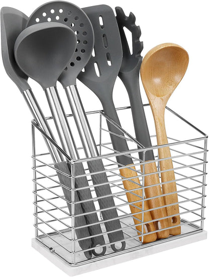 Utensil Holder for Kitchen Counter, Metal Rack for Cooking Tools Storage, Organizer with Drainage Hole (Chrome Marble)
