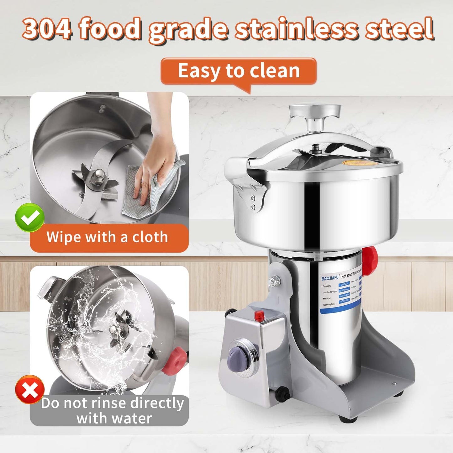 BAOJIAFU 800g Electric Grain Mill 36000r/min High-speed Grain Mill 1800W Superfine Powder Grinder Dry Grinder Machine 270° swingable Dry Material Grinding Machine 304 Stainless Steel herb grinder