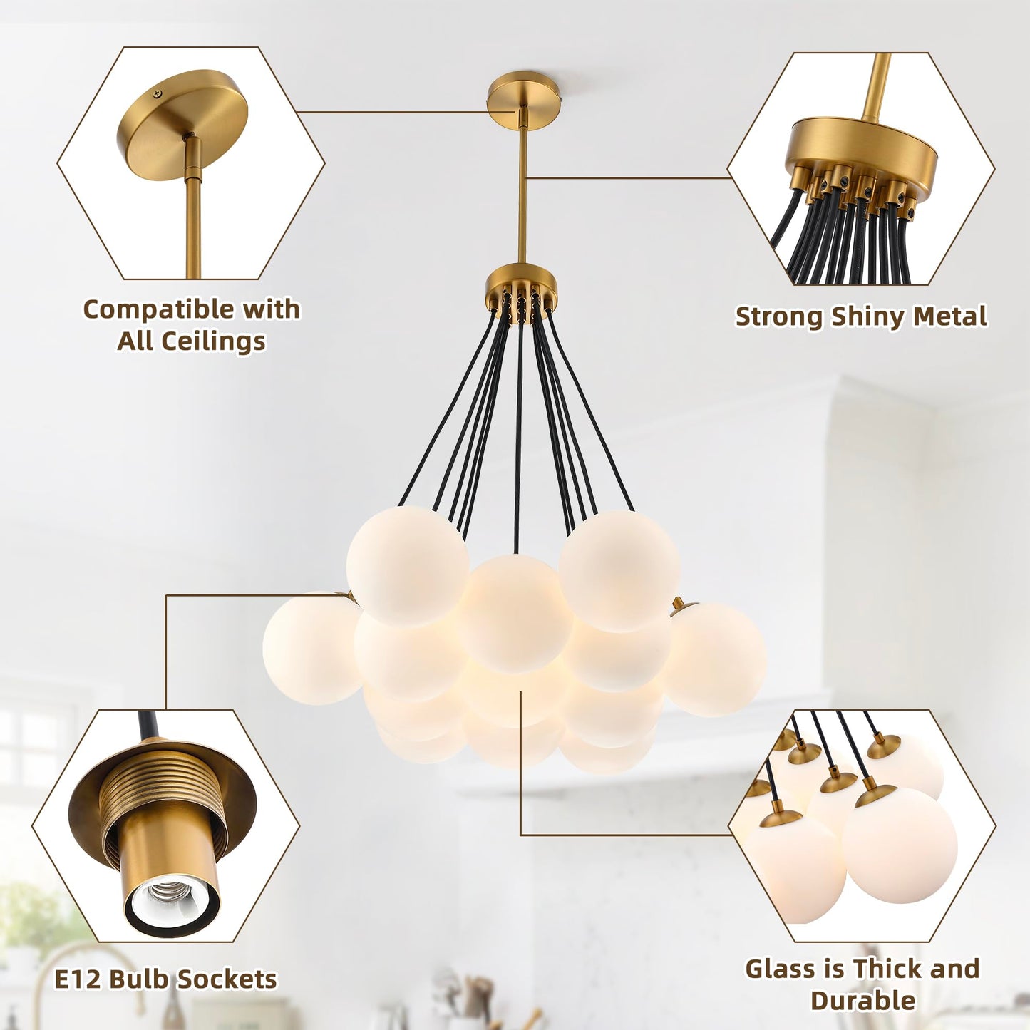 13-Light Bubble Chandelier, Modern Sputnik Glass Chandelier, Milk Glass & Globe Pendant Light, Elegant Bubble Hanging Island Lighting for Bedroom, Living Room, Dining Room & Kitchen Island Over Table