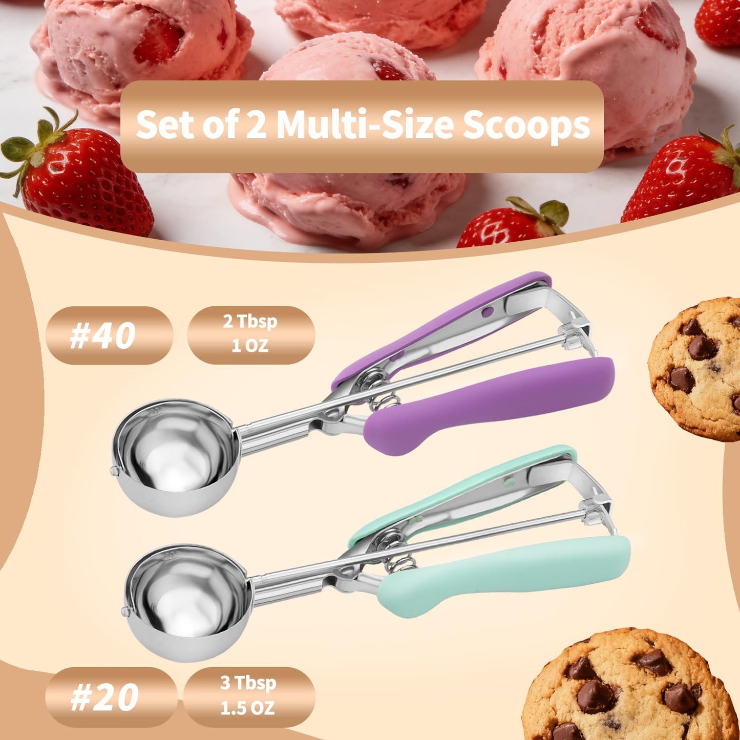 2Pcs Cookie Scoop Set, 18/8 Stainless Steel Cookie Dough Scoops with Lavender & Mint Green Ergonomic Handles, Professional Metal Scooper for Baking, Ice Cream & Cupcakes, 2 Tbsp&3 Tbsp