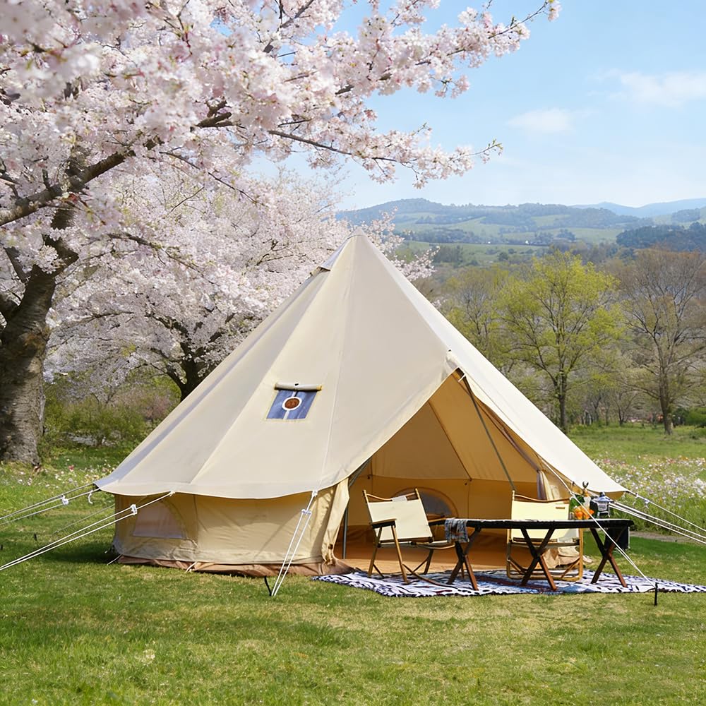 Canvas Bell Tent for Camping, 4-Season Yurt Tent with Stove Jack, All Year Living Glamping Tent for 4–6 Person, Sturdy Shelter for Family Camping & Backyard (13.1ft/4m)