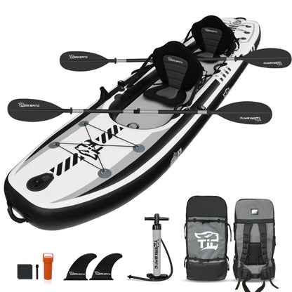 TIGERXBANG 12'8" Inflatable Tandem Kayak, Fishing & Touring, 2 Seats, Adjustable Paddle, Perfect for Family Adventures & Fishing, Includes Backpack & Repair Kit