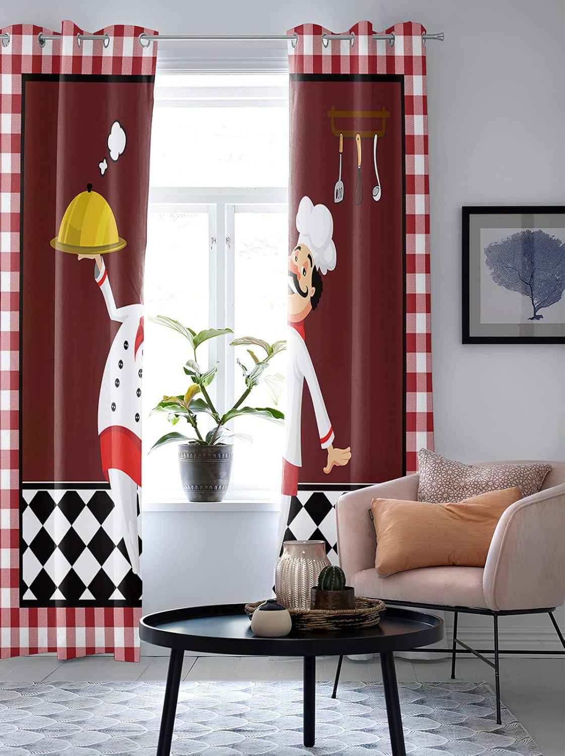 Kitchen Chef Gourmet 2 Piece Window Curtain for Bedroom Living Room, Red Checkered White Lace Drapes