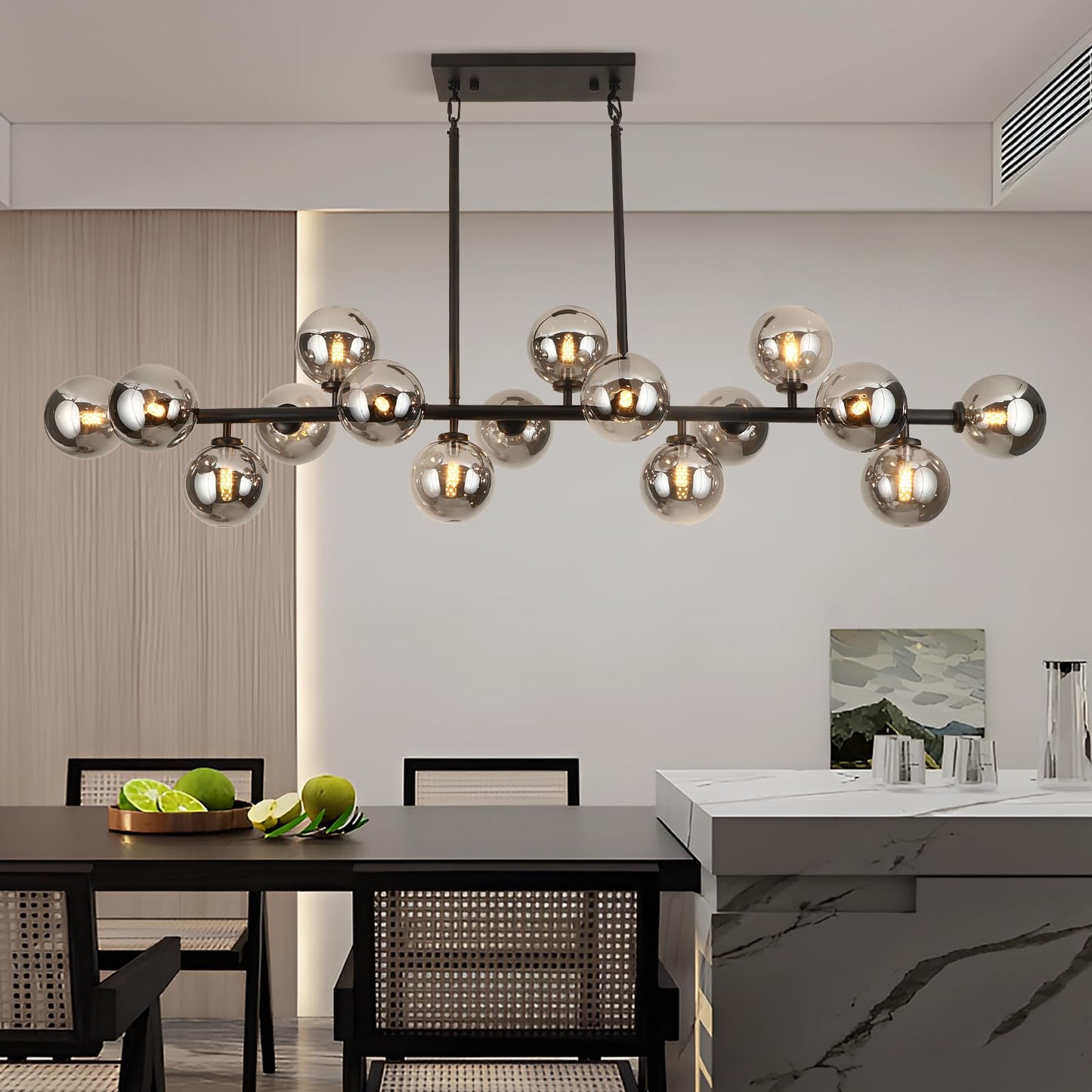 APLampara Mid Century Modern Chandelier 55in Linear Bubble Chandeliers 16-Light Black & Gray Sputnik Pendant Lighting Fixture for Dining Room Kitchen Island
