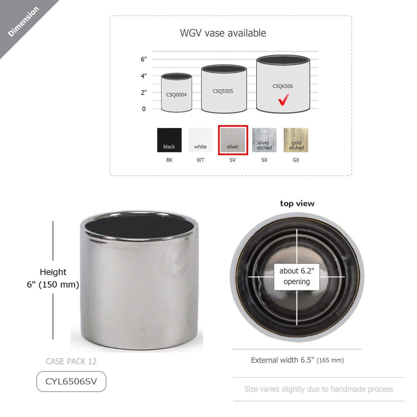 WGVI Silver Ceramic Cylinder Vase Width 6.5" Height 6", Flower Arrangements, Candle Holder, Terrarium Planter Pot, Storage Container Organizer, Pen Brush Holder, Smooth Silver Tabletop Decor, 1 Pc