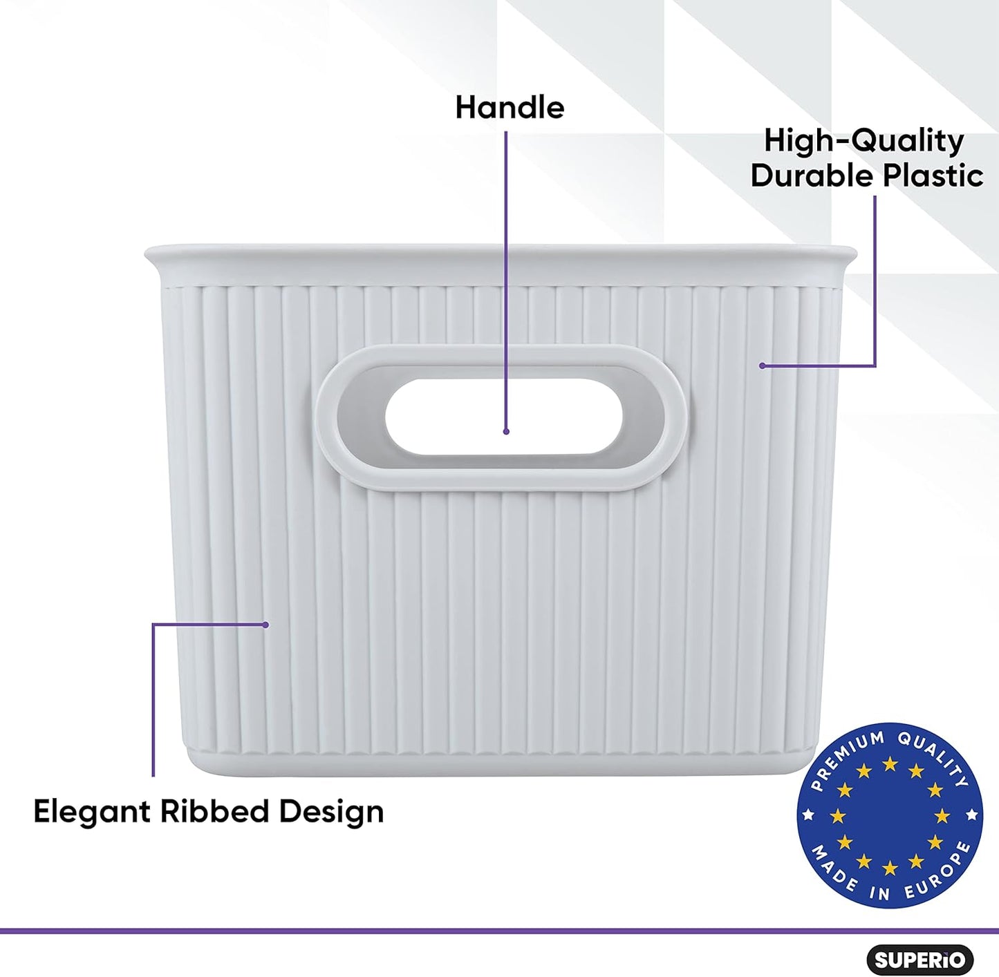 Superio Ribbed Collection - Medium Decorative Plastic Open Home Storage Bins Organizer Baskets, White Smoke (4 Pack)