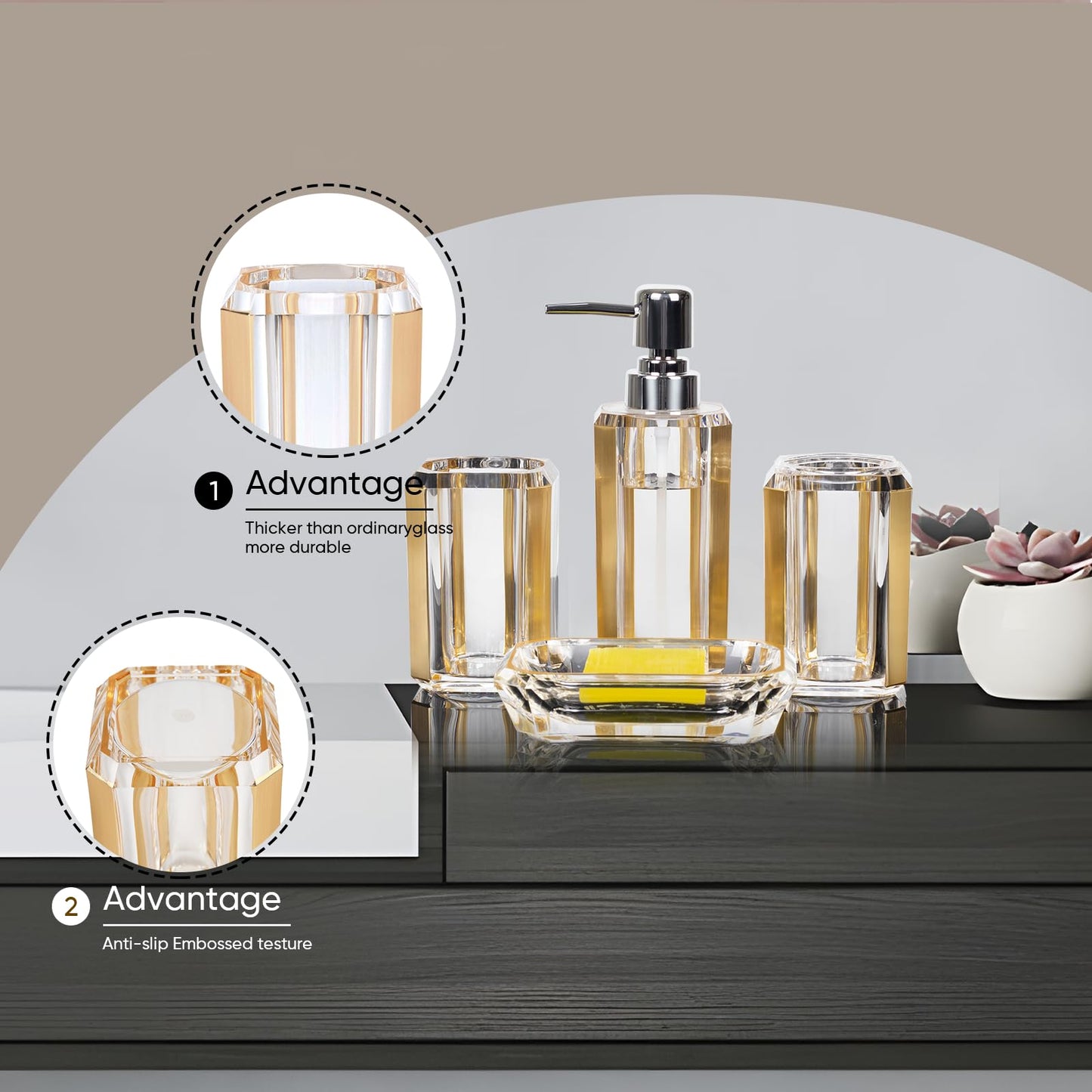 LGURT 4-Piece Gold Bathroom Accessories Set — Soap Dispenser, Soap Dish, Mouthwash Cup & Toothbrush Holder, Acrylic with Brushed Gold Accent, Luxury Bathroom Vanity Countertop Organizer for Home