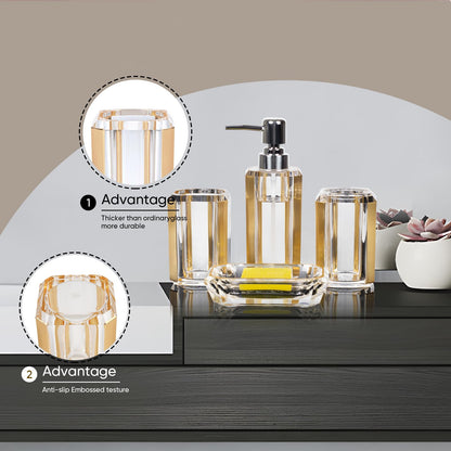 LGURT 4-Piece Gold Bathroom Accessories Set — Soap Dispenser, Soap Dish, Mouthwash Cup & Toothbrush Holder, Acrylic with Brushed Gold Accent, Luxury Bathroom Vanity Countertop Organizer for Home