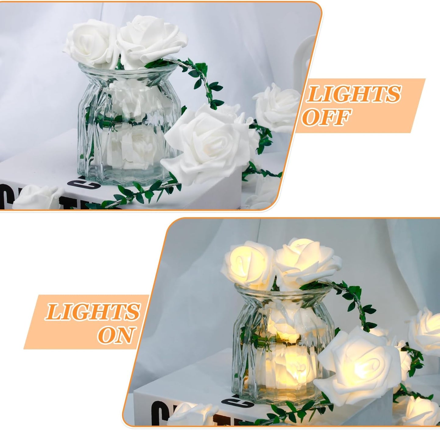 20LED 10Ft VIPMOON Artificial Rose Flower String Lights, Flower Fairy Light Battery Operated with Remote Control, Warm