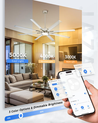 JAZAVA 72 Inch Bruehed Nickel Ceiling Fan With Light,Smart Fan Work With Alexa,Industrial Ceiling Fan With 8 Aluminium Metal Blades,Ideal for Courtyard,Patio and Living Room,CF04BN-72