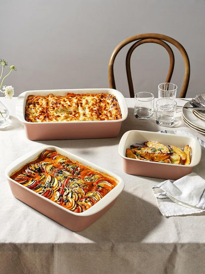 LE TAUCI Deep Casserole Dishes for Oven, 13.7”x9.6” Ceramic Baking Dish Set with Roasting Racks, Large Lasagna Pans with Handles, Rectangular Bakeware as Gift for Mom, Dusty Pink(4.6QT/3.0QT/1.6QT), Set of 3
