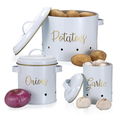 OwnMy Set of 3 Potato Onion Garlic Storage Bins Vegetable Containers Food Containers for Kitchen Counter, Potato Onion Storage Containers for Pantry Garlic Store Jars Vegetable Canisters Set, White