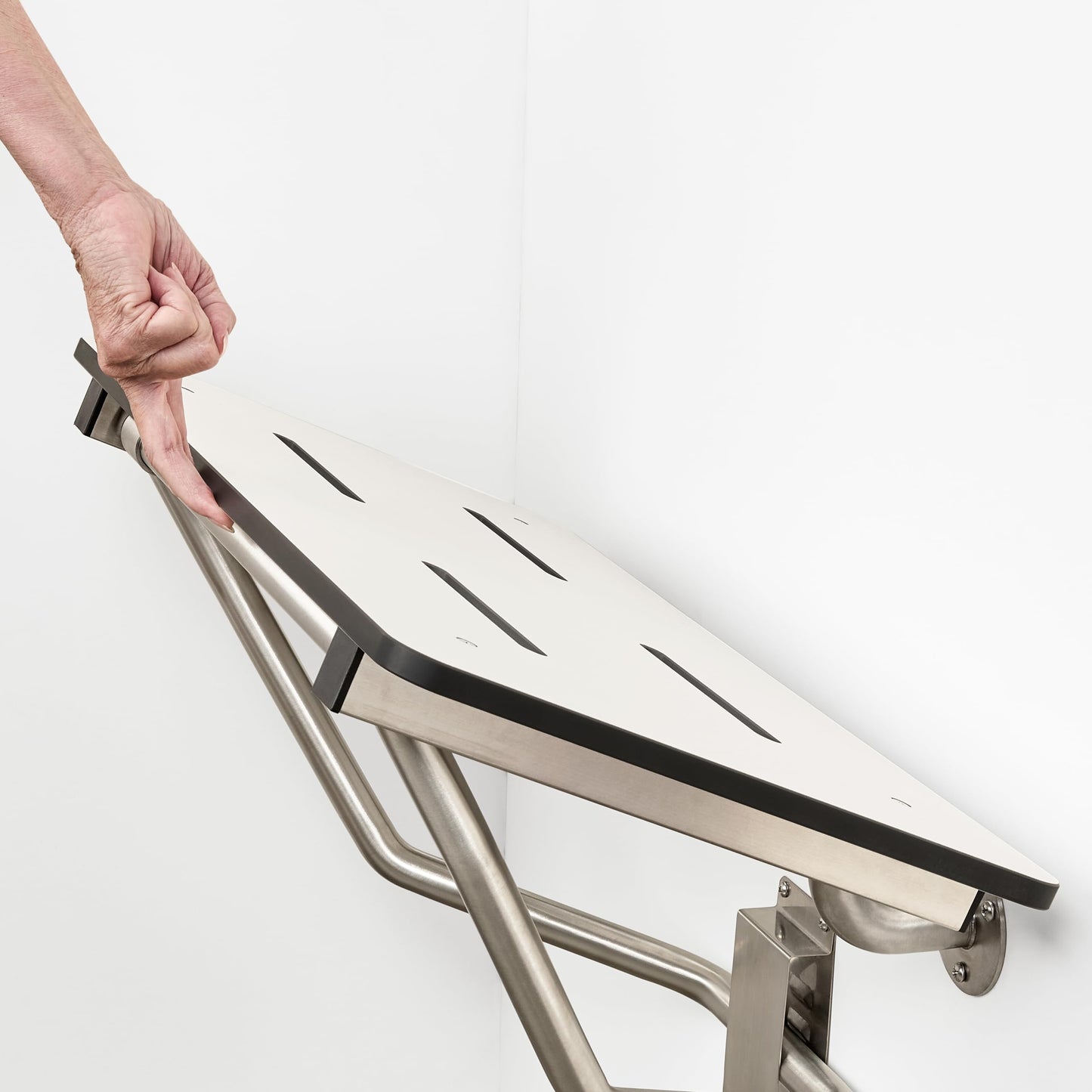 Seachrome Lift-Assist Shower Seat, Yoke-Style Bench, Wall Mount, 22" x 15", Solid White Phenolic