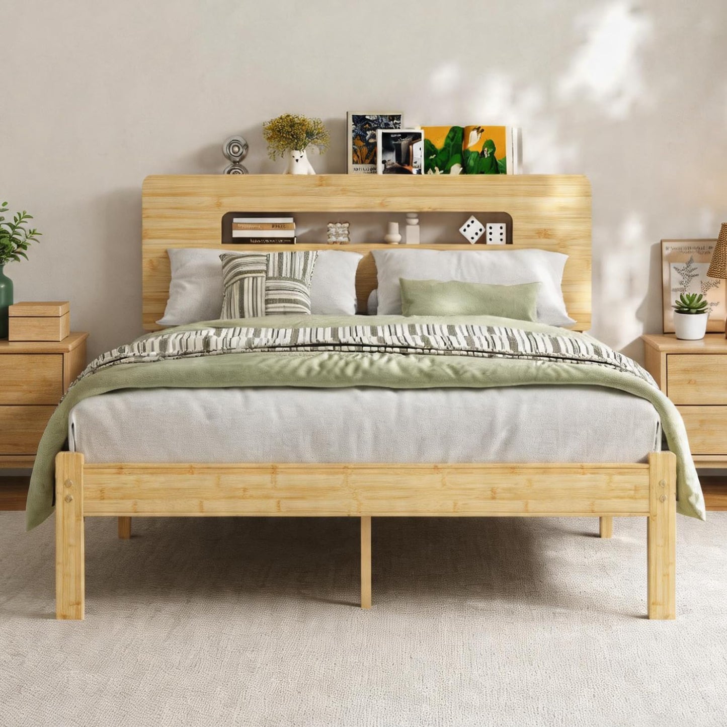 Askeld Wood Full Bed Frame with Storage Shelf Headboard, 14 Inch High Bamboo Platform Bed No Box Spring Needed, Mid-Century Heavy Duty Bedframe, Easy Assembly, Noise Free
