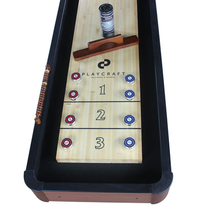 Playcraft Woodbridge Shuffleboard Table with Storage Cabinet - Shuffle Board Game Table Set with Matching Abacus, 8 Pucks, Brush & Wax (Made in USA) - Pro Style Climate Adjusters - Cherry - 12ft