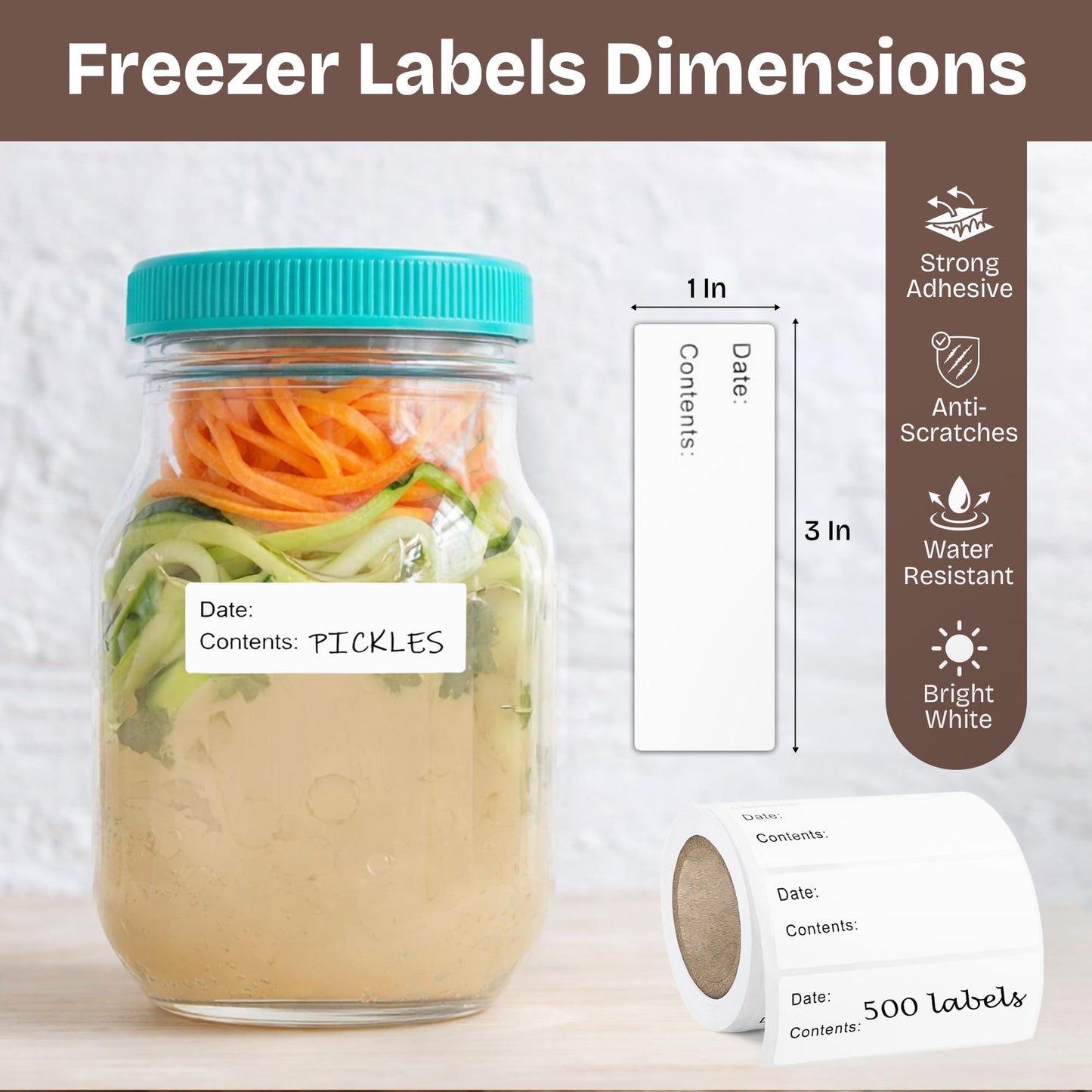 500 Pcs Food Labels, 1 x 3 Inch Removeable Freezer Labels, Water & Oil Resistant, No Residue, Easy Peel Off, Food Storage Labels for Freezer Bags, Jars, Containers & for Meal Prep, Perfect for Kitchen