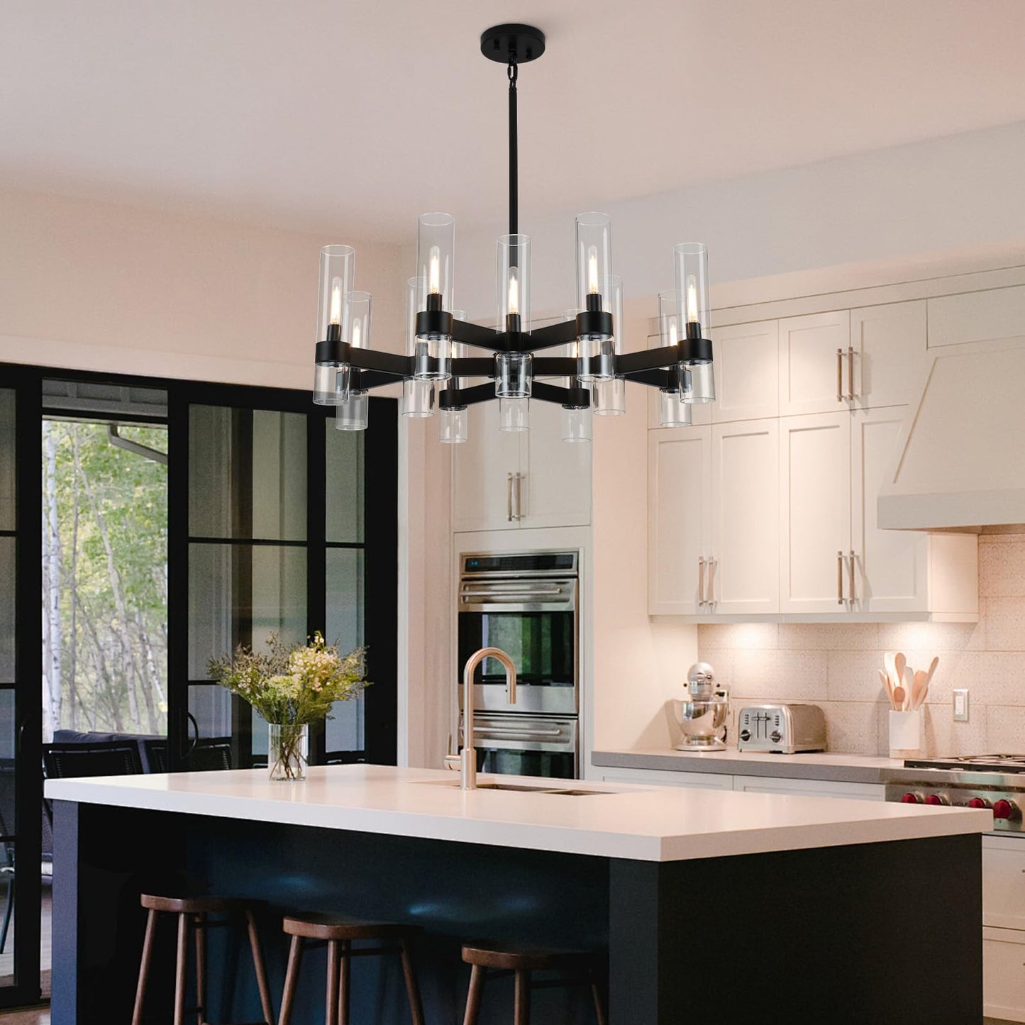 12 Light Black Chandeliers for Dining Room Light Fixtures Over Table, Modern Farmhouse Chandelier with Clear Glass Cover for Living Dining Room Kitchen Island Bedroom Foyer 34"