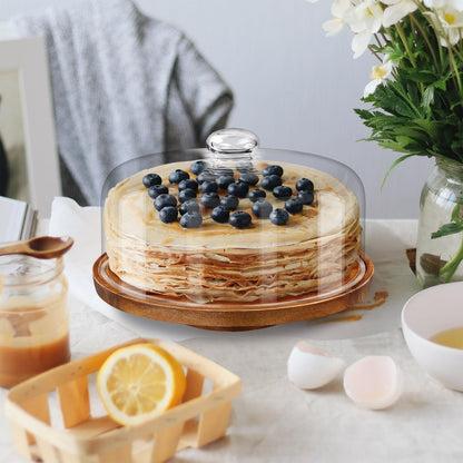 Yangbaga 11IN Wood Cake Stand with Dome Lid, Rotating Cake Stand with Glass Dome- Cake Plate with Cover for Baking Gifts/Birthday Kitchen/Party/Weddings