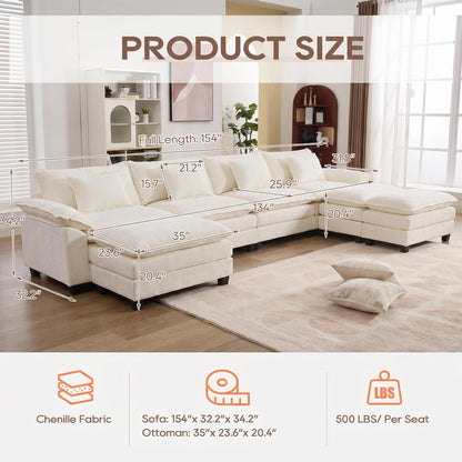 IPKIG 154" Modular Sectional Sofa, Chenille C-Shaped Sectional Couch Comfy Upholstered Seat Sofa with Ottoman, Deep Seat Cloud Couch Sofa for Living Room, Beige