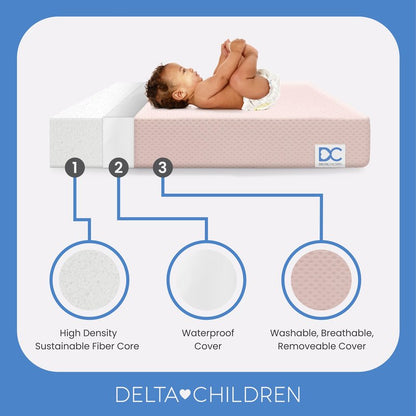 Delta Children Twinkle Stars Breathable 4-inch Mini Crib Mattress with Removable/Machine Washable Cover - GREENGUARD Gold – Waterproof - Sustainably Sourced Core Fiber Core, Pink