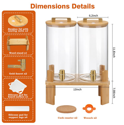 1.5 Gallon 2 PACK Glass Drink dispenser, Beverage Dispenser With Wood Stand, Lemonade Dispenser with Airtight Valve and Stainless Steel Spigot,Drink Dispenser for Parties
