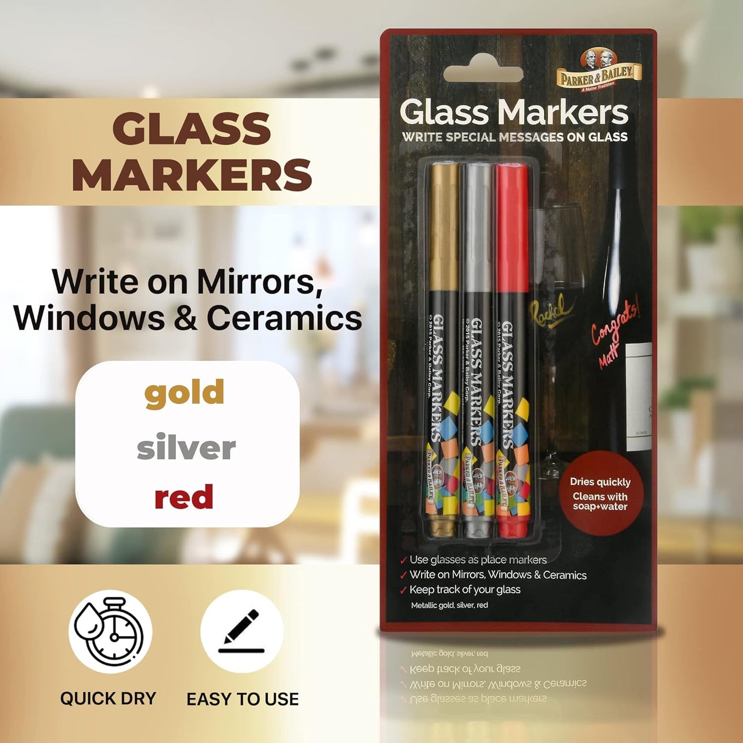 Parker & Bailey 3 Pack Glass Markers, Metallic Washable Wine Markers for Ceramics, Bottles, and Drink Glasses