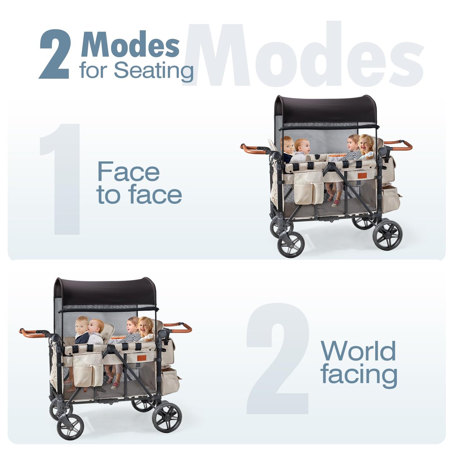 ZTDM Wagon Stroller for 4 Kids, All-Terrain Wagon for Toddler with Canopy, Parent Organizer, Shoulder Bag, Adjustable Handlebar, Phone Holder, High Seat & 5 Point Harness, Ultimate Quad (Beige)
