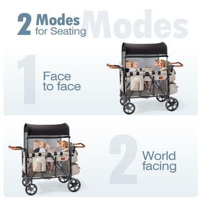 ZTDM Wagon Stroller for 4 Kids, All-Terrain Wagon for Toddler with Canopy, Parent Organizer, Shoulder Bag, Adjustable Handlebar, Phone Holder, High Seat & 5 Point Harness, Ultimate Quad (Beige)