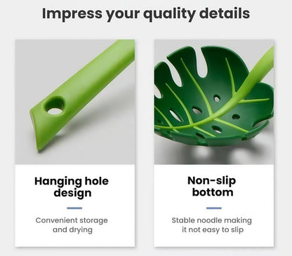 Jungle Spoon Monstera Leaf Soup Skimmer Spoon, Green, PP Material, 11.8x3.7 Inch, Kitchen Strainer with Anti-Slip Base, Long Handle