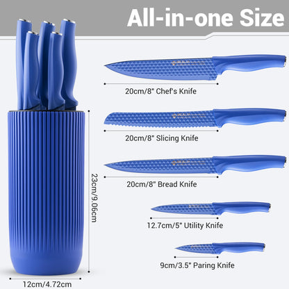 Mealia Kitchen Knife Set with Block, 6-Piece Non-stick Stainless Steel Sharp Knives Set for Precision Cutting with Universal Knife Block for Kitchen, Ergonomic Design & Dishwasher Safe, Purple