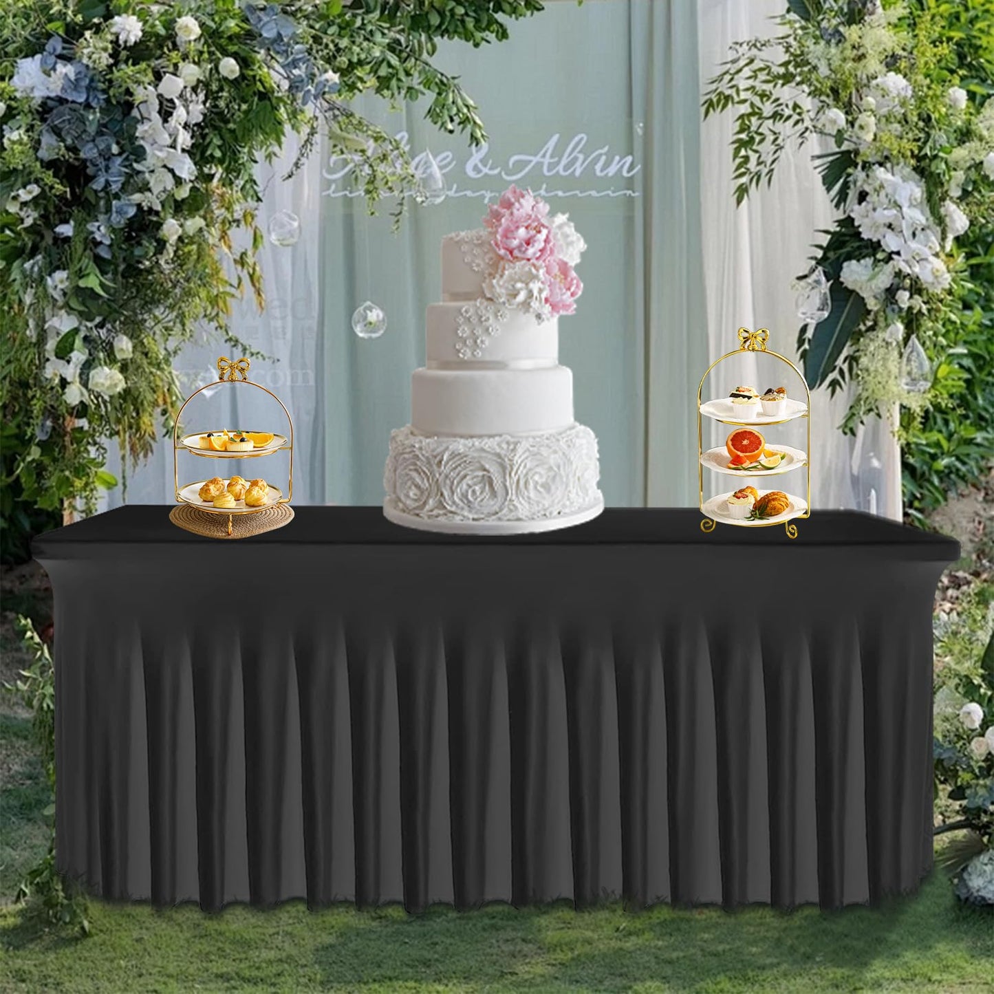 Tohetsuzp 2 Pack Black Table Skirt, Wrinkle-Free Spandex Table Covers 6ft, Elastic Fitted Washable Tablecloth for Rectangle Tables for Wedding, Banquet, Party, Events