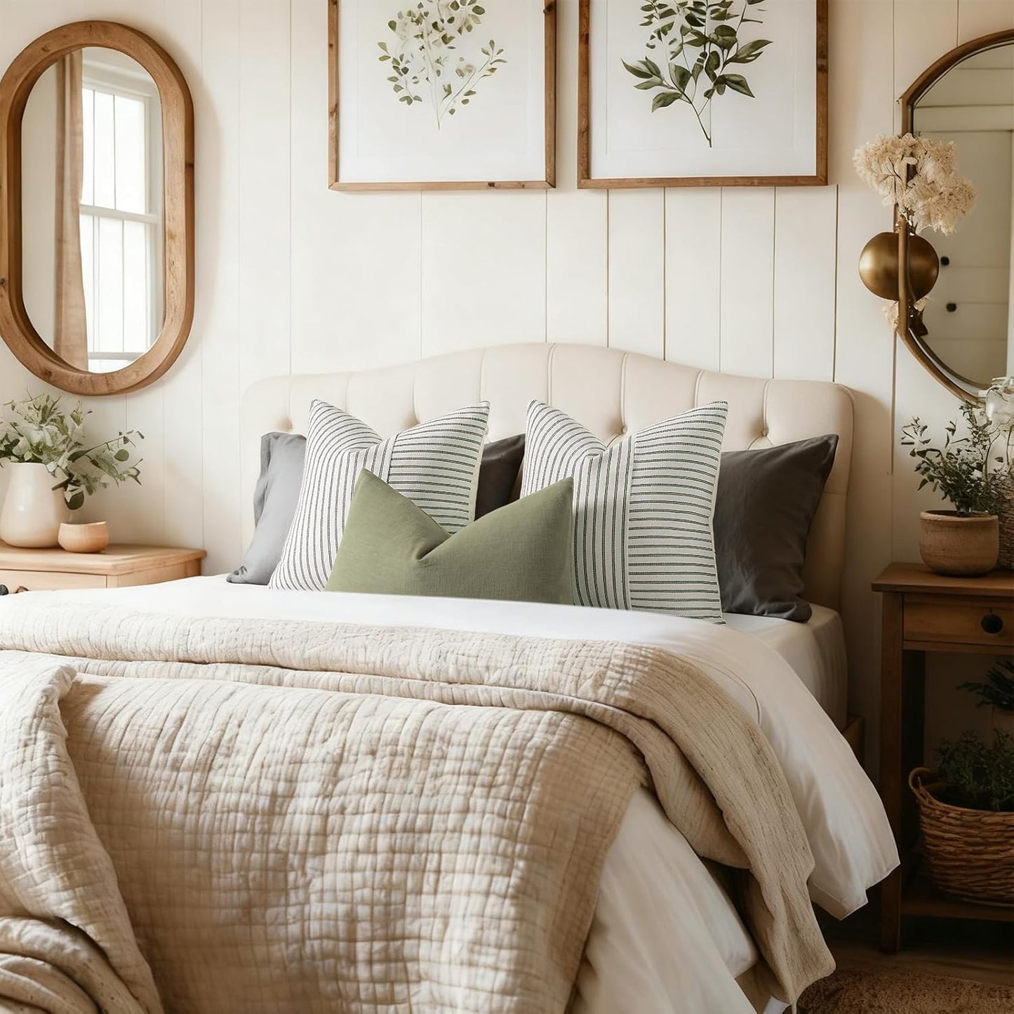 20x20, Set 2, YCOLL Farmhouse Pillow Covers Modern Accent Square Throw Pillow Covers of Olive Green and Beige Striped