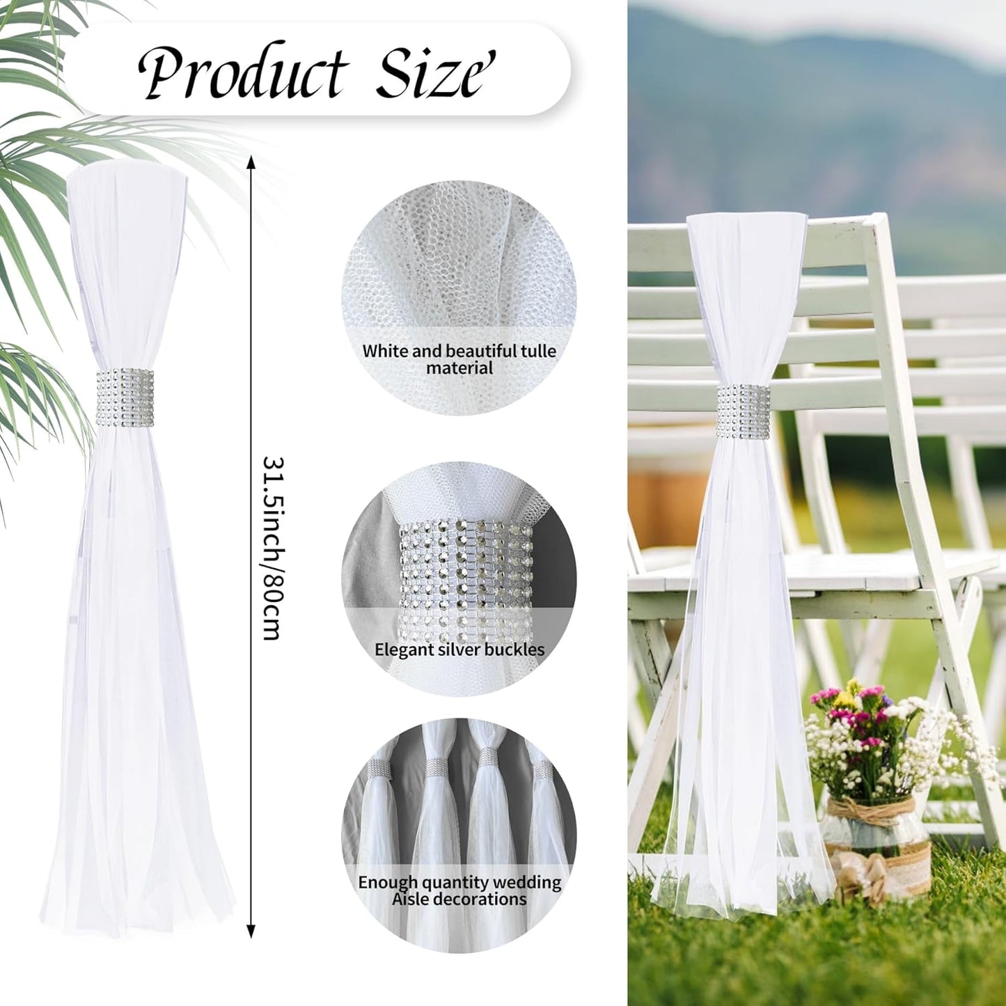 Skiennix 26 Sets Large White Pew Bows - Tulle Wedding Aisle Chair Decorations for Ceremonies