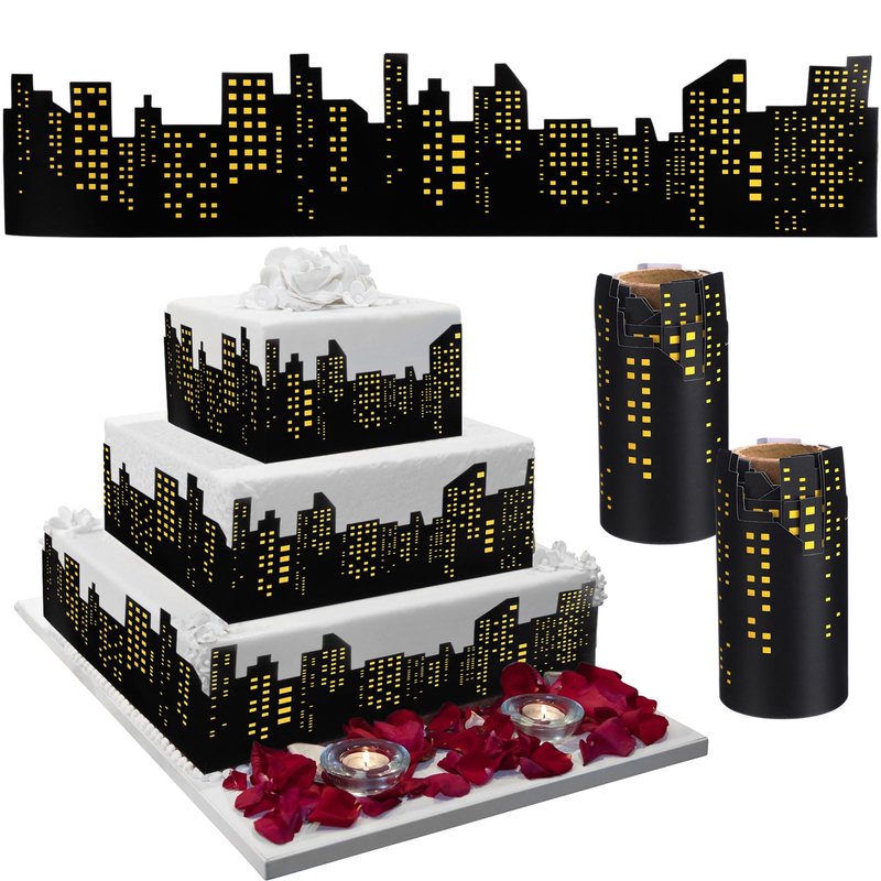 Janlaugh 2 Roll Skyscraper Cake Border Decoration Toppers Stick On or Lay On City Skyline Cake Decor Skyscraper Building Scenic Birthday Accessories for Bday Party Supplies (Skyline, Yellow)